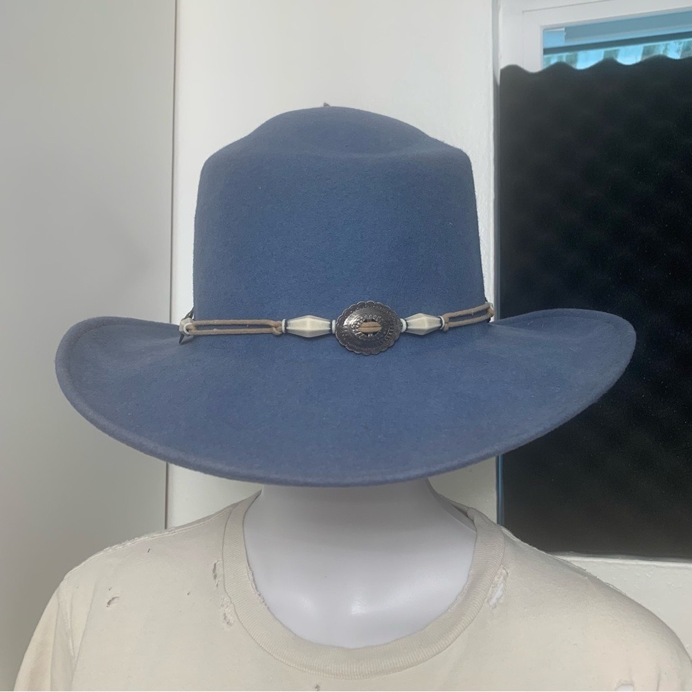 Woolmark Wool Felt Wide Brim Hat Unisex Blue Excellent Western Concho Boho USA